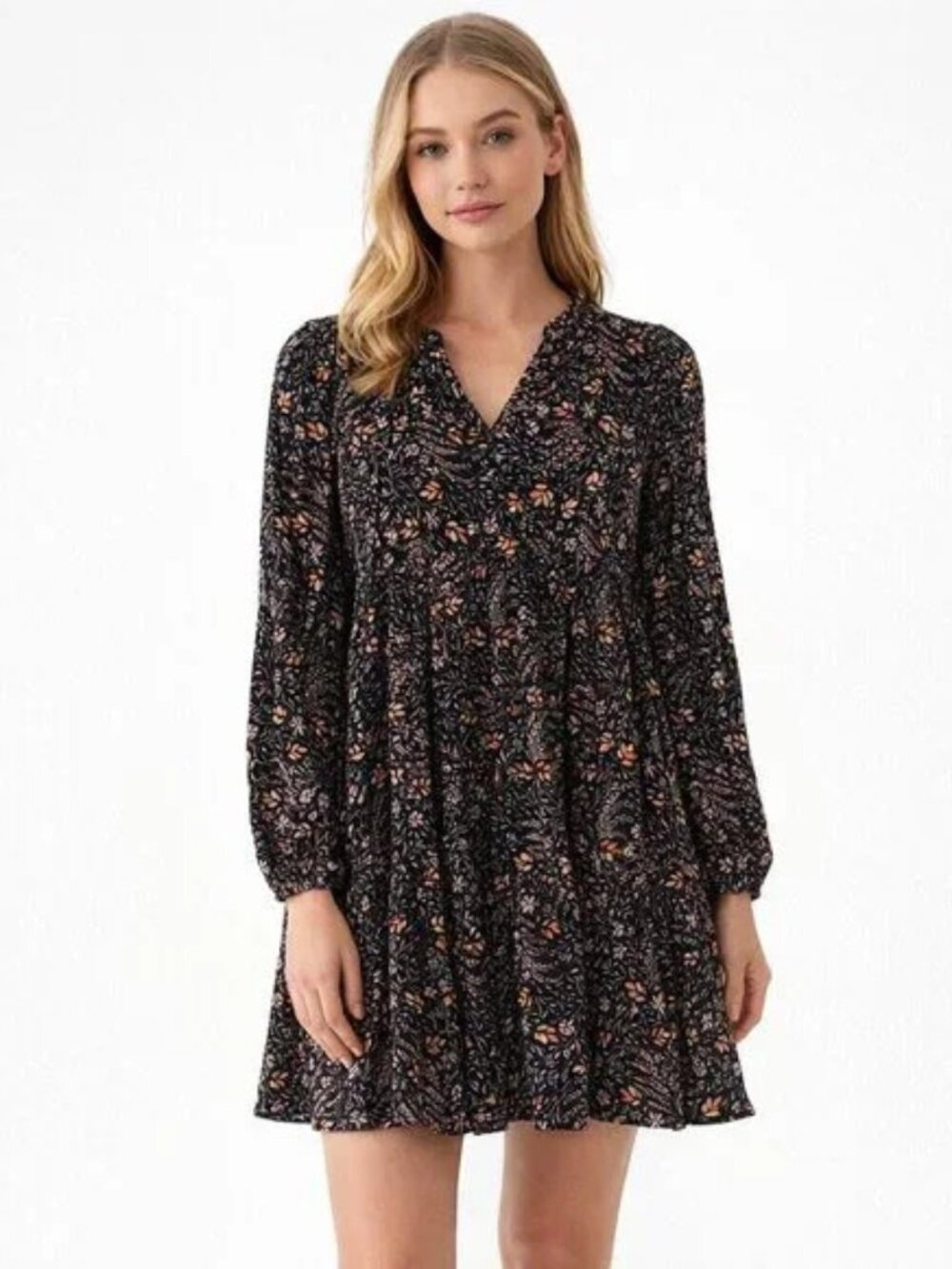 Maeve Anthropologie Women 1X Amber Tiered Tunic Dress Black Ditsy Floral V Neck